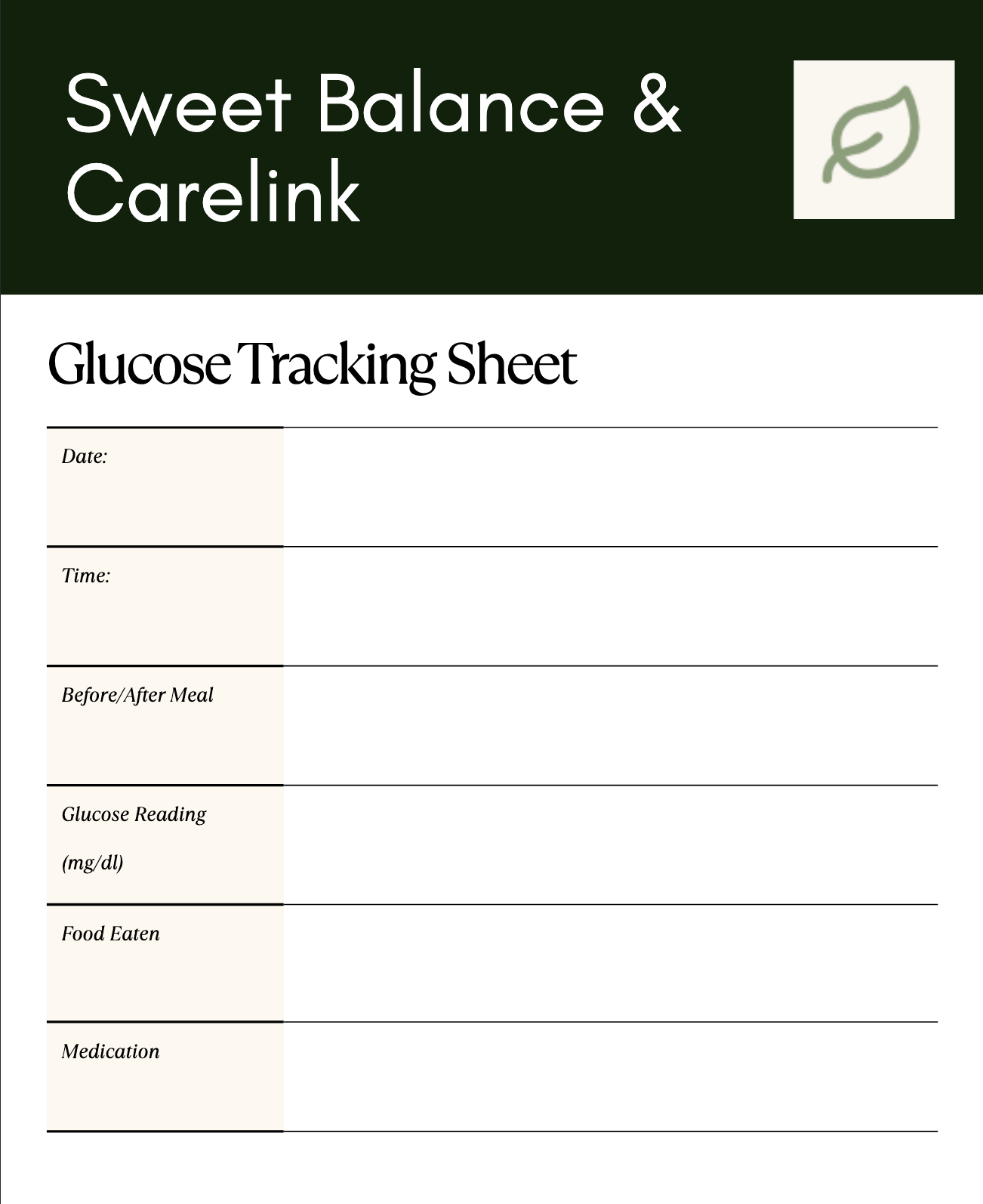 Sample glucose tracking sheet from Sweet Balance kit